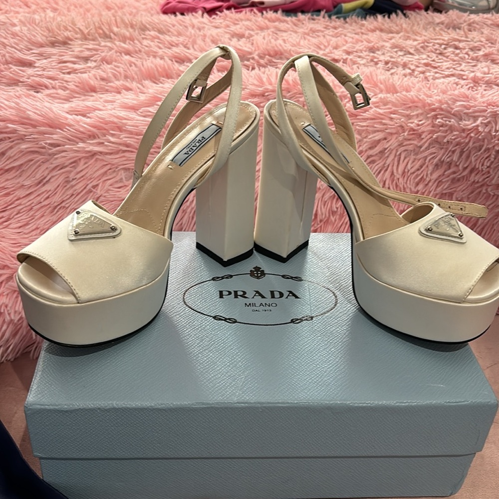 Prada Ivory Platform Sandal Heels with Logo Triangle - Picture 3 of 3